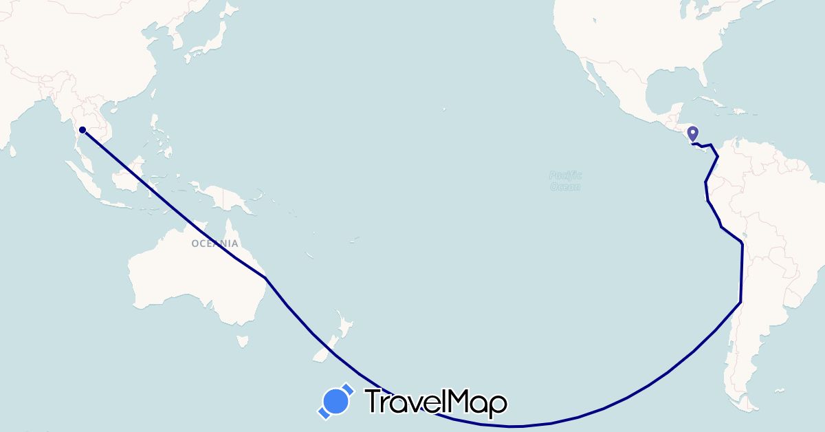 TravelMap itinerary: driving in Australia, Chile, Colombia, Costa Rica, Ecuador, Panama, Peru, Thailand (Asia, North America, Oceania, South America)